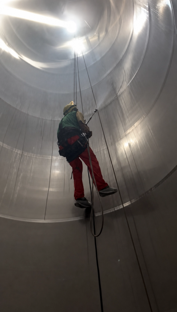 Técnico realizando limpieza grado alimenticio en el interior de un silo de una planta de jugos